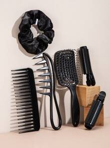 旅行/家居套裝，中空梳子，中空按摩梳，滾輪梳，圓梳，捲髮器，鱷魚夾，美髮夾，配有收納袋的髮刷 - 黑色 - 查看 1