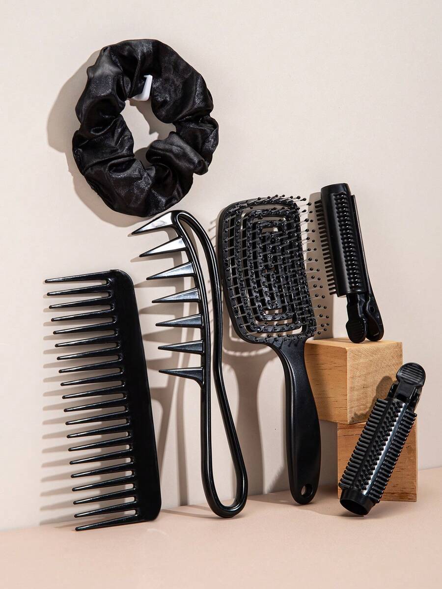 旅行/家居套裝，中空梳子，中空按摩梳，滾輪梳，圓梳，捲髮器，鱷魚夾，美髮夾，配有收納袋的髮刷 - 黑色 - 查看 1