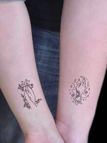 6 張夜光逼真臨時紋身情侶紋身貼紙小假紋身,愛心花花束貼紙適合情侶情侶情人節 - 黑色 - 查看 6