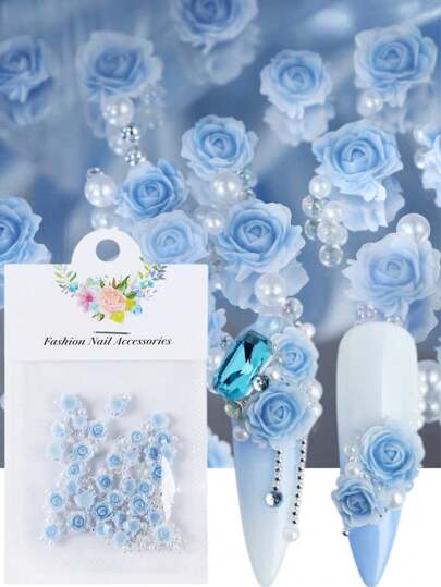 30颗可爱蓝色雕花玫瑰美甲装饰品，玫瑰花美甲配件，情人节美甲装饰，美甲用品，专业DIY美甲宝石