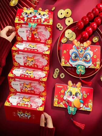1 Pieza De 6 Ranuras / 10 Ranuras Bolsa De Sobre Rojo Plegable Para Año Nuevo Chino, Patrón De Dragón De Caricatura, Popular En Línea, Perfecto Para El Dinero De La Suerte De Los Niños Y El Ambiente Festivo