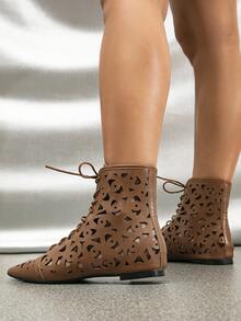 女性感鏤空透氣時尚平底羅馬涼鞋 - 棕色 - 查看 4