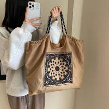復古女士刺繡小花紋手提袋，大容量多功能手提袋，可折疊方便攜帶的尼龍斜跨包，配有鏈球 - 卡其色 - 查看 7