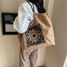 復古女士刺繡小花紋手提袋，大容量多功能手提袋，可折疊方便攜帶的尼龍斜跨包，配有鏈球 - 卡其色 - 查看 6