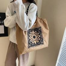 復古女士刺繡小花紋手提袋，大容量多功能手提袋，可折疊方便攜帶的尼龍斜跨包，配有鏈球 - 卡其色 - 查看 5