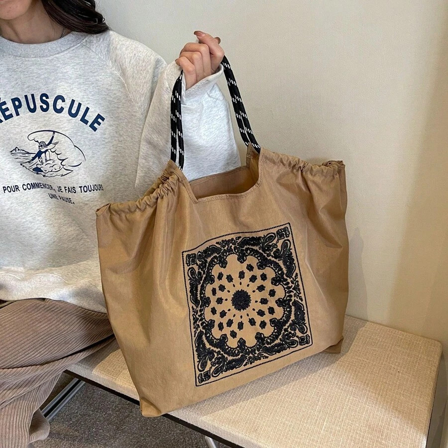 復古女士刺繡小花紋手提袋，大容量多功能手提袋，可折疊方便攜帶的尼龍斜跨包，配有鏈球 - 卡其色 - 查看 1