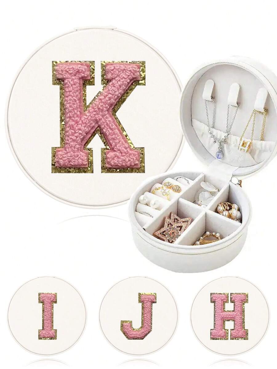 1 件圆形珠宝盒便携式 PU 珠宝收纳盒项链耳环戒指展示多格旅行收纳盒刺绣贴花 26 个字母 A 到 Z 白色珠宝盒 - 白色 - 查看 1