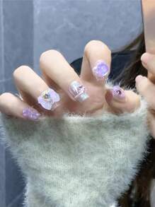 10入組短款螢光紫色蝴蝶結&月亮&星形假甲,手工製作 - 淡紫色 - 查看 4