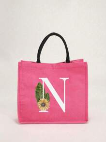 1个简约字母印花亚麻手提袋，情人节送给女友的礼物，多功能便携手提包，教师节送给女性的礼物，字母印花手提袋，化妆包，优雅旅行沙滩包，可重复使用的购物袋，适合婚礼、生日、海滩、节日和其他场合，送给女性的绝佳礼物 - 玫紅色 - 查看 12