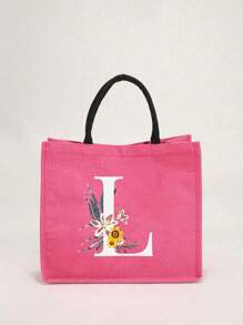 1个简约字母印花亚麻手提袋，情人节送给女友的礼物，多功能便携手提包，教师节送给女性的礼物，字母印花手提袋，化妆包，优雅旅行沙滩包，可重复使用的购物袋，适合婚礼、生日、海滩、节日和其他场合，送给女性的绝佳礼物 - 玫紅色 - 查看 18