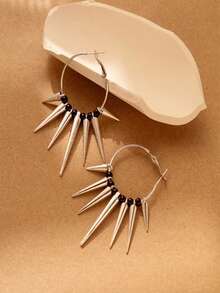 1對女性座配朋克風格黑色尖錐和幾何形狀耳環,適用於日常穿著 - 銀色 - 查看 3