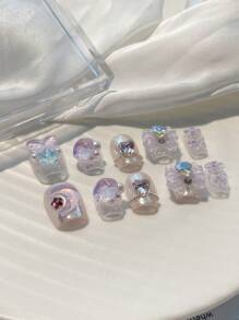 10入組短款螢光紫色蝴蝶結&月亮&星形假甲,手工製作 - 淡紫色 - 查看 3