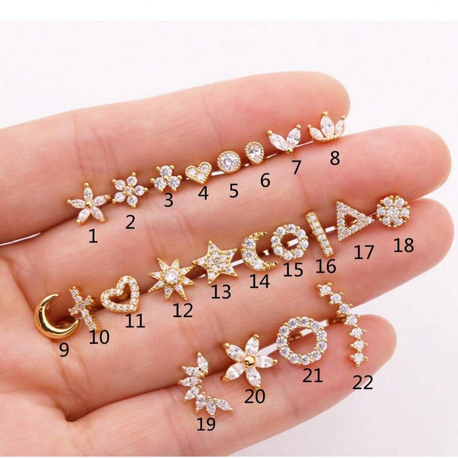 1 Stück/3 Stücke Ohrclip Ohrringe, Titanum Edelstahl Stiel mit Kupfer mikro-eingelassenen Zirkonia Männer Schraubkugel, Frauen Blume, Herz, Träne, Kreis, Krone, Kreuz, Stern, Mond Ohrringe, Schmuckgeschenk zum Lehrertag, Muttertag