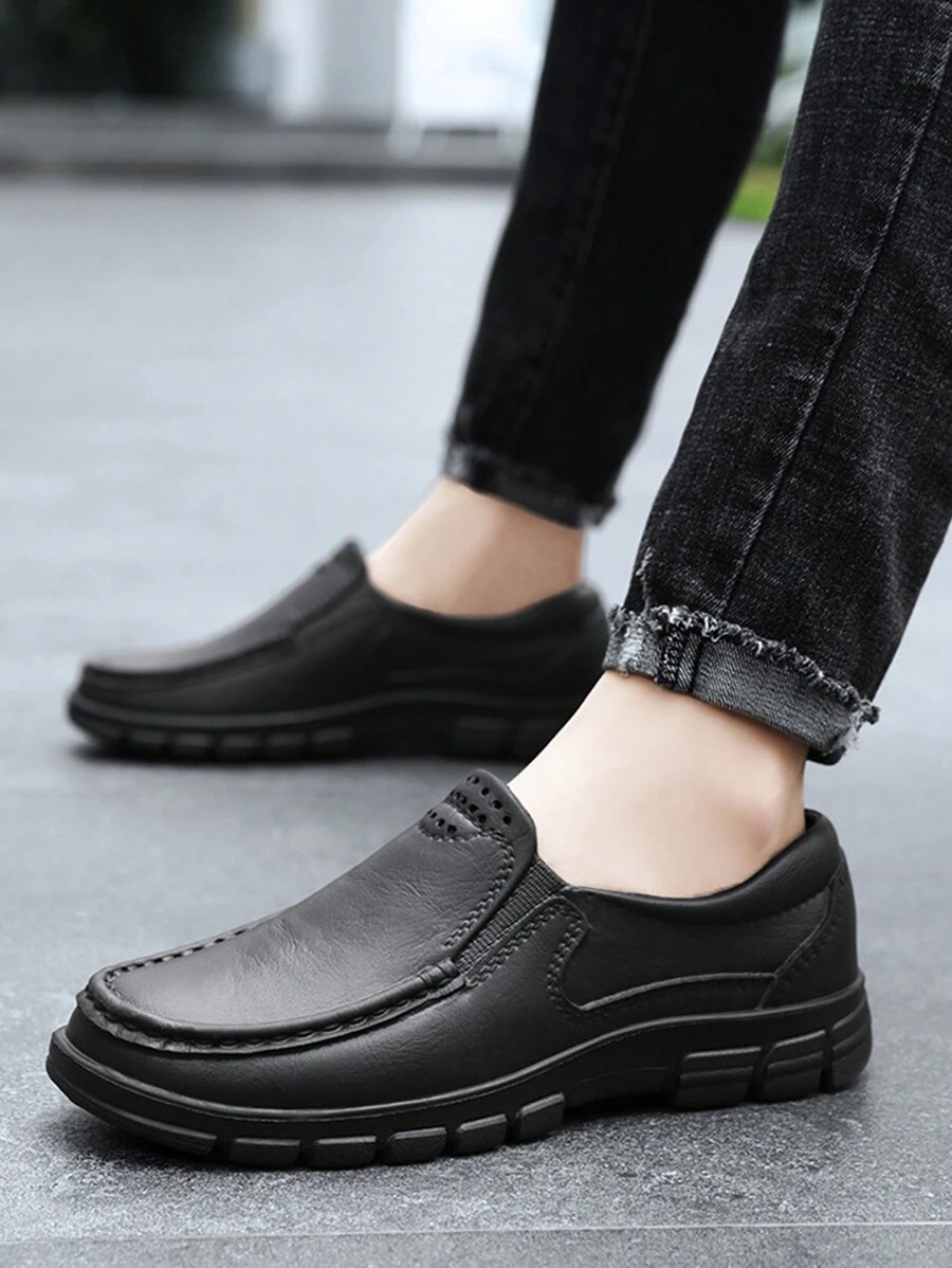 Men's Casual Solid Color Plastic Flat Round Toe Low-Top Safety Shoes, All Season - Black - View 1