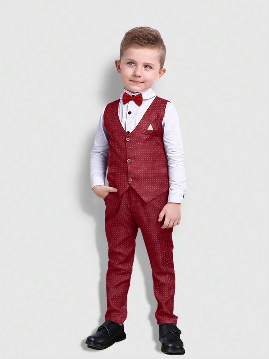 4 件套男童修身背心套装：衬衫、背心、裤子、领结、儿童派对/婚礼正装 - 紅白色 - 查看 1