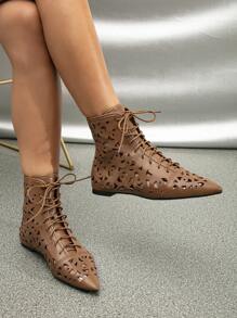女性感鏤空透氣時尚平底羅馬涼鞋 - 棕色 - 查看 1