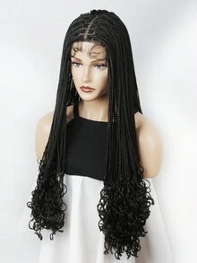 28英寸编织假发合成9 X 6蕾丝前假发有婴儿发辫,有水波卷发,可打造长编织假发 - 黑色 - 查看 3