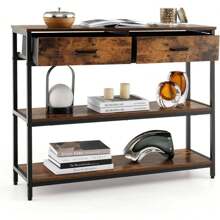 Console Table With Drawer And Shelf, Narrow Hallway Table With Metal Frame, Industrial Entrance Table For Living Room And Hallway, 100x30x80 Cm (2 Drawers, 2 Shelves)