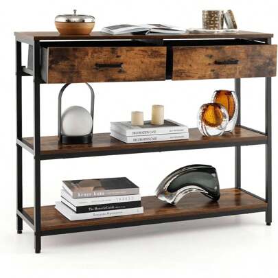 Consoletafel met lade en plank, smalle gangtafel met metalen frame, industriële entreetafel voor woonkamer en hal, 100x30x80 cm (2 laden, 2 planken)