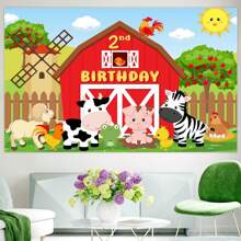 kreatwow 1入農場紅色穀倉生日派對場景布，卡通農場動物1週歲2週歲生日派對拍攝攝影背景，農場主題派對蛋糕桌橫額照片攝影背景布裝飾 - 彩色 - 查看 3