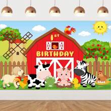 kreatwow 1入農場紅色穀倉生日派對場景布，卡通農場動物1週歲2週歲生日派對拍攝攝影背景，農場主題派對蛋糕桌橫額照片攝影背景布裝飾 - 彩色 - 查看 7