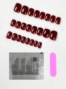 24入組短方形純色酒紅色指甲藝術套裝，歐美風格，附1入組果凍膠和1入組指甲文件。 - 彩色 - 查看 2