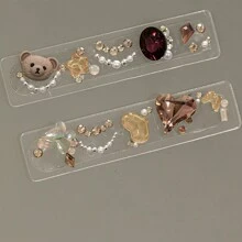 1 盒摩卡棕色可爱卡通假指甲 DIY 材料包，毛绒泰迪熊蝴蝶结，珍珠心猫指甲装饰配件，多色水钻装饰，秋冬复古星星闪亮水钻混合指甲装饰 - 摩卡棕 - 查看 7