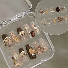 1 盒摩卡棕色可爱卡通假指甲 DIY 材料包，毛绒泰迪熊蝴蝶结，珍珠心猫指甲装饰配件，多色水钻装饰，秋冬复古星星闪亮水钻混合指甲装饰 - 摩卡棕 - 查看 4