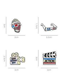 4pcs Delicate Geometric Design Movie Series Enamel Pins, Including Fun Cartoon Popcorn, Projector, Glasses Brooches - Multicolor - View 2