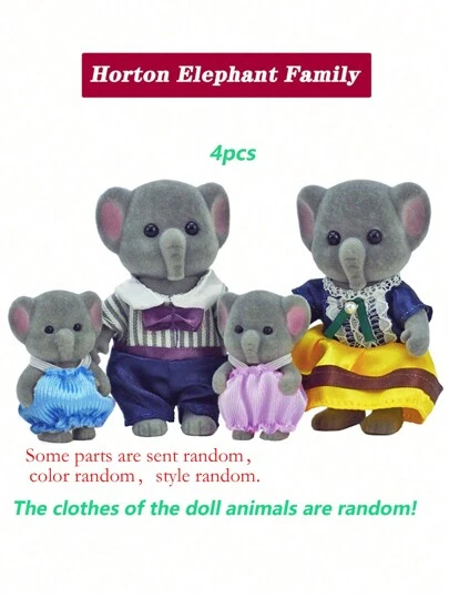 大象家族 4 只关节玩偶，随机衣服（不含家具），微型 DIY 动物屋，女孩生日礼物，亲子益智玩具，毛绒玩具，随机袋装衣服，游戏屋，Lps 玩具，女孩玩具儿童