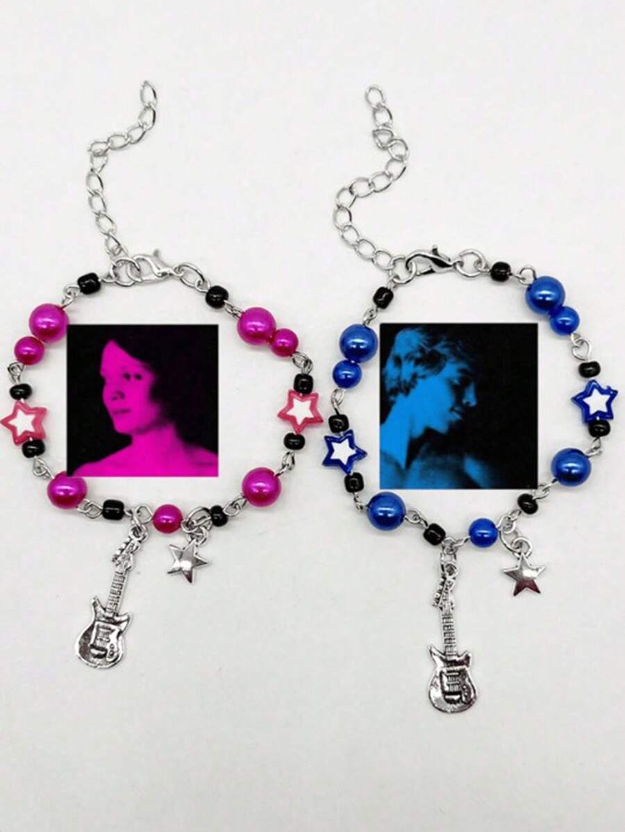 2pcs European And American Style Glass Letter & Guitar Beaded Unisex Y2k Couple Bracelets - A Unique Gift For Her - Multicolor - View 1