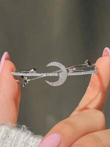 1pc Y2k Style Star Moon Rhinestone Open Cuff Bracelet For Festival Party, Date, Daily Wear, Gift - Silver - View 8