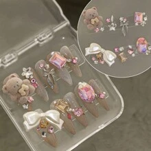 1 盒摩卡棕色可爱卡通假指甲 DIY 材料包，毛绒泰迪熊蝴蝶结，珍珠心猫指甲装饰配件，多色水钻装饰，秋冬复古星星闪亮水钻混合指甲装饰 - 摩卡棕 - 查看 10