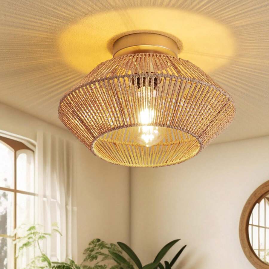 Ratten HandWoven Flush Mount Boho Chandelier, Gold Flush Mount Ceiling