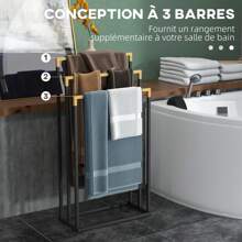 kleankin Porte-serviettes en bambou et acier sur pieds avec 3 barres support pour serviette 45 x 22,5 x 86 cm - noir et naturel