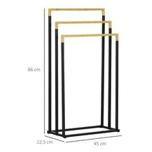 kleankin Porte-serviettes en bambou et acier sur pieds avec 3 barres support pour serviette 45 x 22,5 x 86 cm - noir et naturel