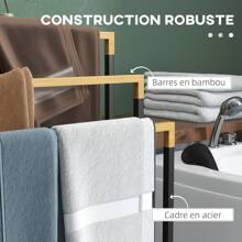 kleankin Porte-serviettes en bambou et acier sur pieds avec 3 barres support pour serviette 45 x 22,5 x 86 cm - noir et naturel