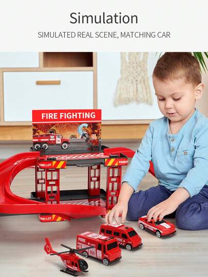19pcs Fire Truck Parking Lot Toy Set With 4 Sliding Cars, Diy Assembly Track, Multi-Level Car Building Model, Parent-Child Interaction Boy Toy Gift Box, Birthday Gift, Children's Day Gift, Festival Gift,Car Toy Storage,Toy Car For Kids,Kids Boy Toys,Back To School