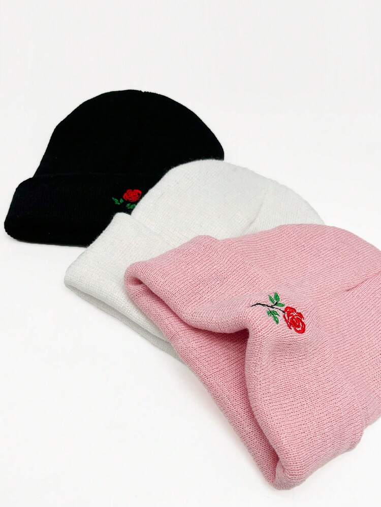 Un Par De Sombrero Tejido Cálido Y Elegante Con Rosas Bordadas En El Día De San Valentín Para Mujeres Y Hombres, Se Puede Emparejar Con Un Gorro De Punto Personalizado' - Multicolor - Ver 6