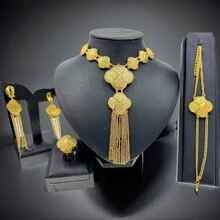 5入組多層手工頸鍊套裝,沙烏地阿拉伯24k金迪拜非洲新娘頸鍊耳環戒指手鐲,女士派對珠寶禮物,適用於母親和朋友 - 金黃色 - 查看 16