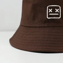 1入春秋季帶表情符號圖案的帽子，女士戶外旅遊休閒防曬漏斗帽 - 棕色 - 查看 2