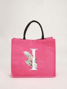 1个简约字母印花亚麻手提袋，情人节送给女友的礼物，多功能便携手提包，教师节送给女性的礼物，字母印花手提袋，化妆包，优雅旅行沙滩包，可重复使用的购物袋，适合婚礼、生日、海滩、节日和其他场合，送给女性的绝佳礼物 - 玫紅色 - 查看 25