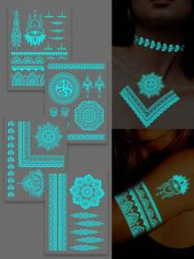 4 piezas de tatuajes temporales con patrón mandala luminoso azul para muñeca, pecho, abdomen y espalda - Azul - Ver 2