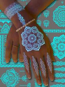 4 piezas de tatuajes temporales con patrón mandala luminoso azul para muñeca, pecho, abdomen y espalda - Azul - Ver 1