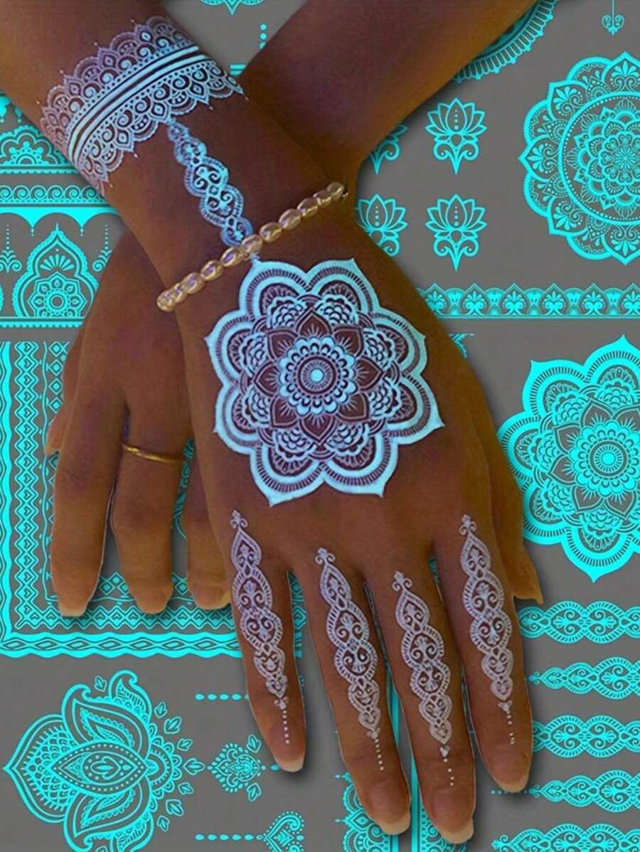 4 piezas de tatuajes temporales con patrón mandala luminoso azul para muñeca, pecho, abdomen y espalda - Azul - Ver 1