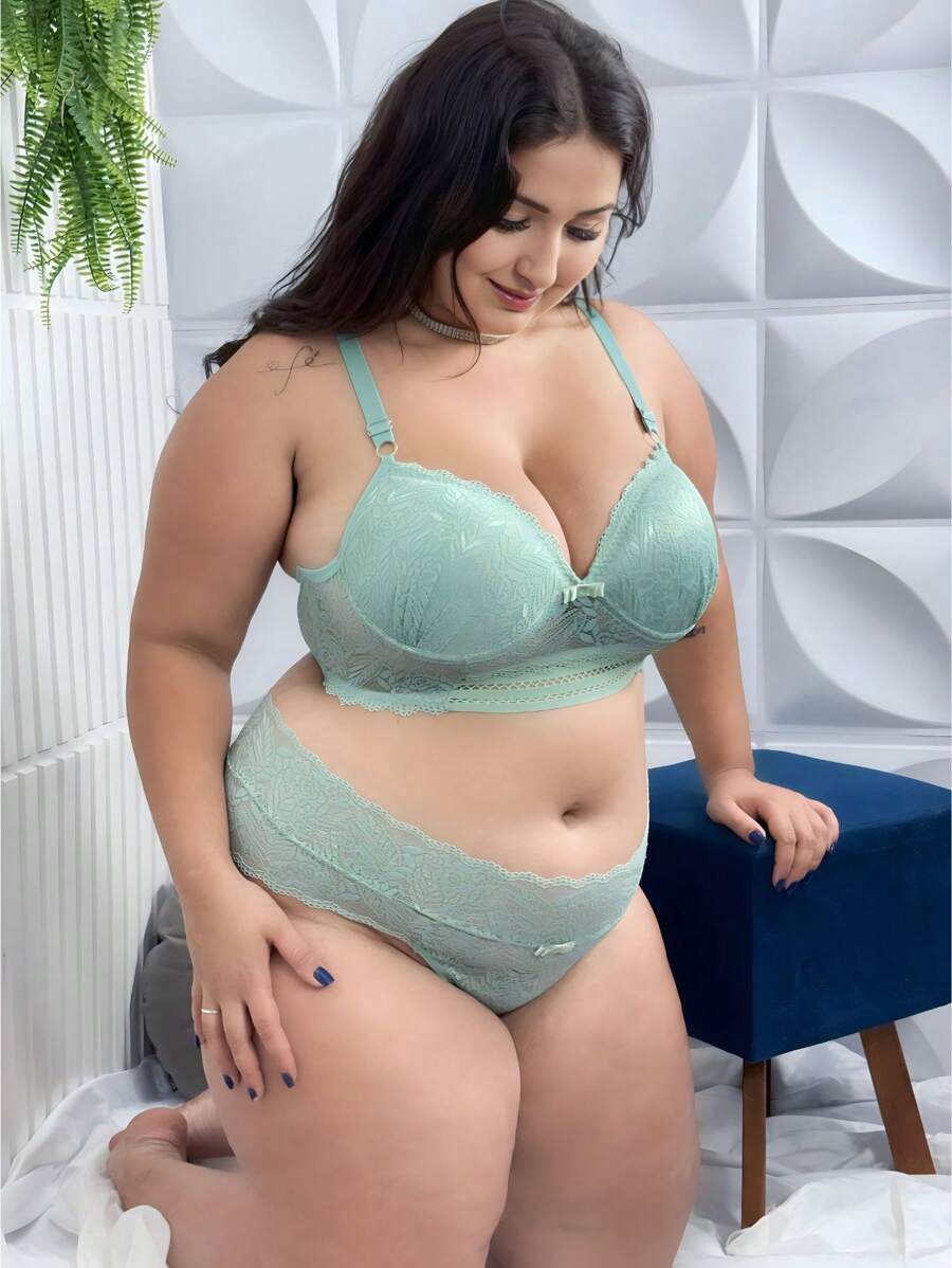 Plus Size Bra & Panty Sets - Màu xanh Bạc hà - Xem 1