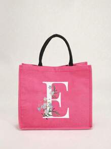 1个简约字母印花亚麻手提袋，情人节送给女友的礼物，多功能便携手提包，教师节送给女性的礼物，字母印花手提袋，化妆包，优雅旅行沙滩包，可重复使用的购物袋，适合婚礼、生日、海滩、节日和其他场合，送给女性的绝佳礼物 - 玫紅色 - 查看 33