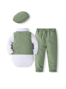 KIMOCAT Spring Gentleman Style Birthday Party Suit For 1-Year-Old Baby Boy, Including Long Sleeve Jumpsuit, Vest And Pants - Green - View 2