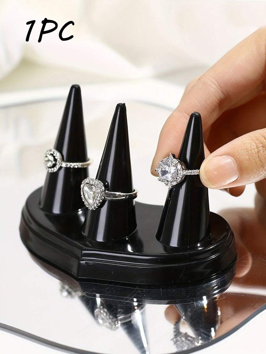1pc Cone-Shaped Plastic Ring Display Stand, Stylish Ring Holder For Wedding Rings And Finger Jewelry, Elegant Jewelry Organizer And Rack For Rings And Accessories For Your Precious Pieces - Black - View 1