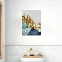 金箔畫布畫藍色方塊現代抽象壁畫海報,印刷北歐藝術家居裝飾圖片客廳裝飾,無框